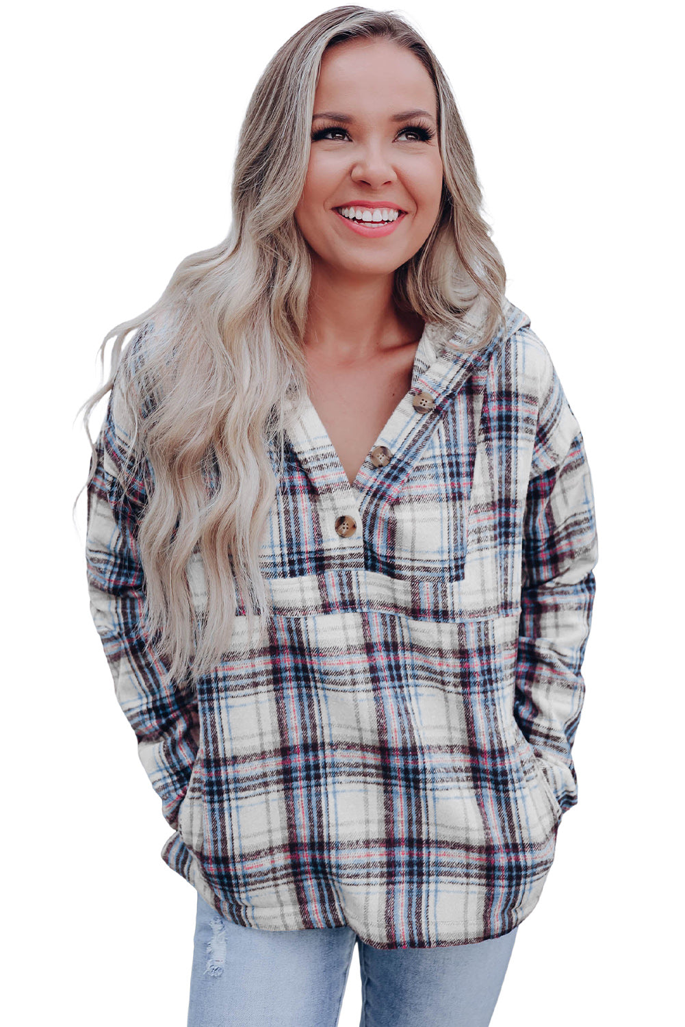 Plaid Button Neck Pocketed Pullover Hoodie