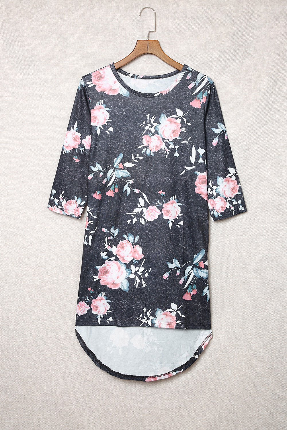 Robe t-shirt grise vintage à fleurs, manches 3/4