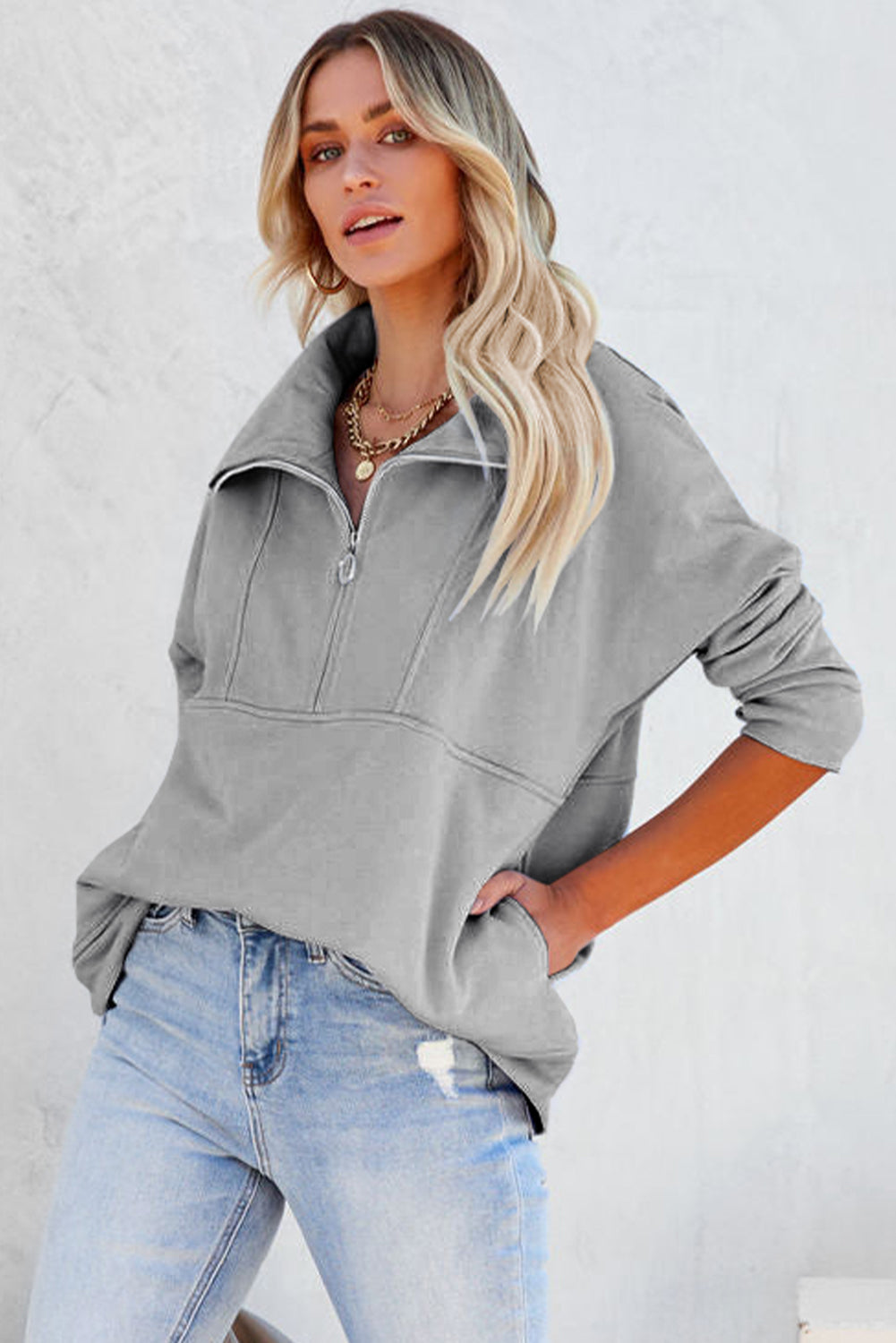 Dark Solid Color Zip Collar Sweatshirt with Pockets