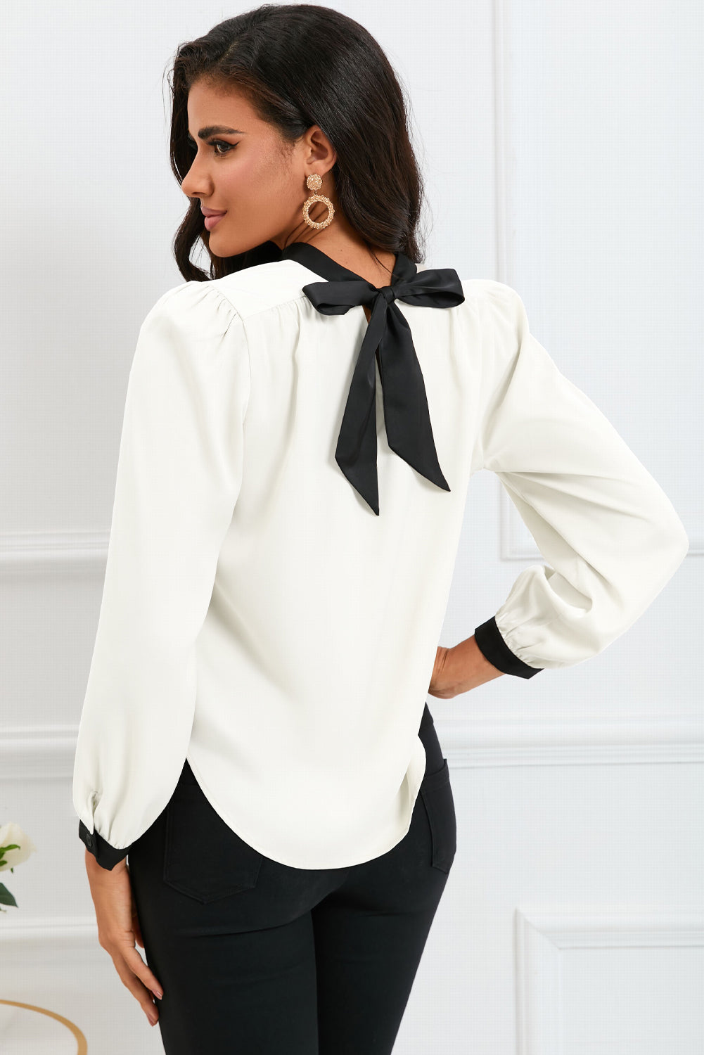 Color Block Bow Back Mock Neck Blouse