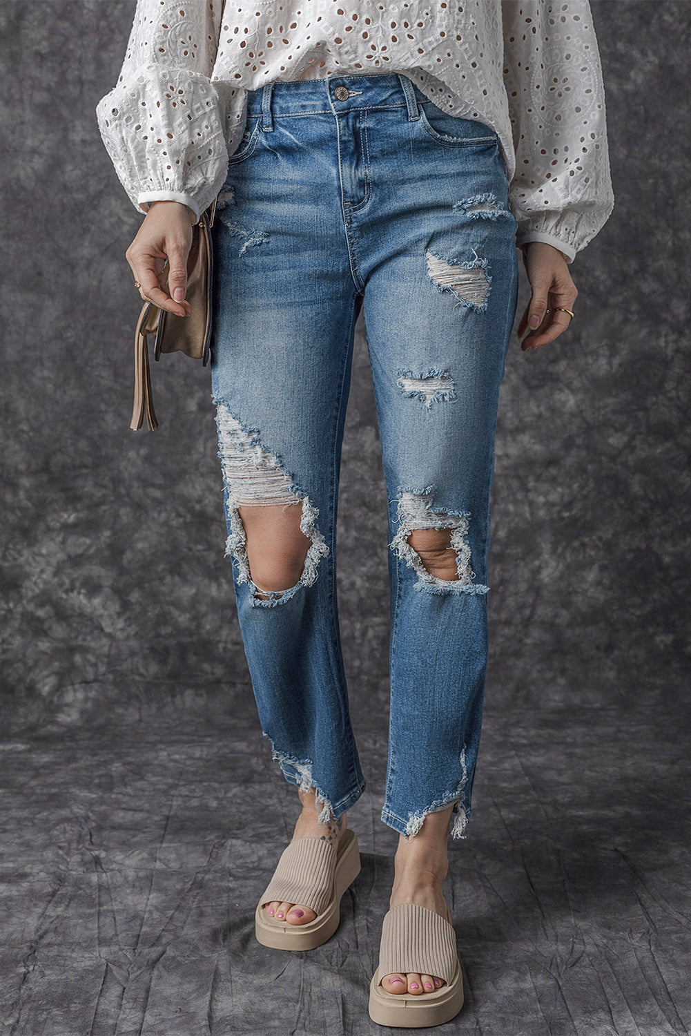 Sky Blue Ripped Knee Hole High Waist Jeans