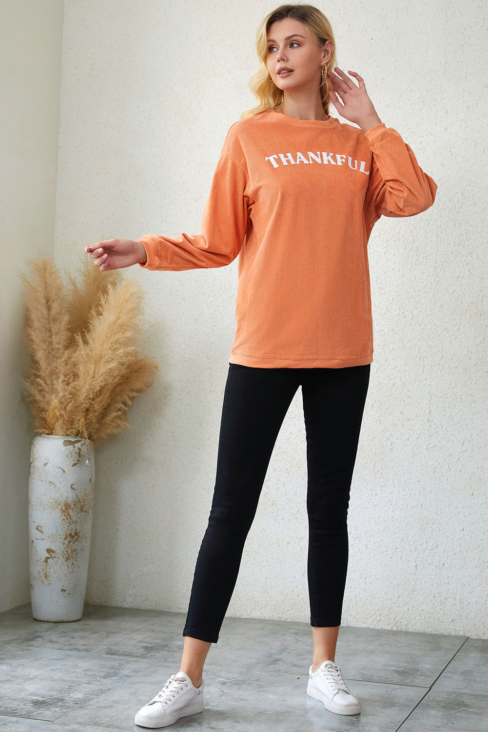 Orange Spooky Season Ghost Print Ribbed Pullover Sweatshirt