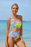 Multicolor Abstract Swirl Print Asymmetric Cutout One Piece Swimsuit