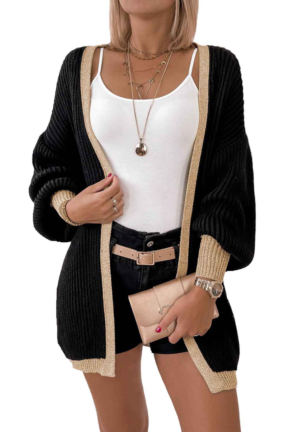 Contrast Trim Open Front Lantern Sleeves Cardigan