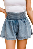 Smocked High Waist Acid Wash Flared Denim Shorts