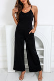 Black Patch Pockets Spaghetti Strap Wide Leg Jumpsuit