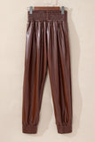 Pantalon skinny en cuir taille haute smocké marron