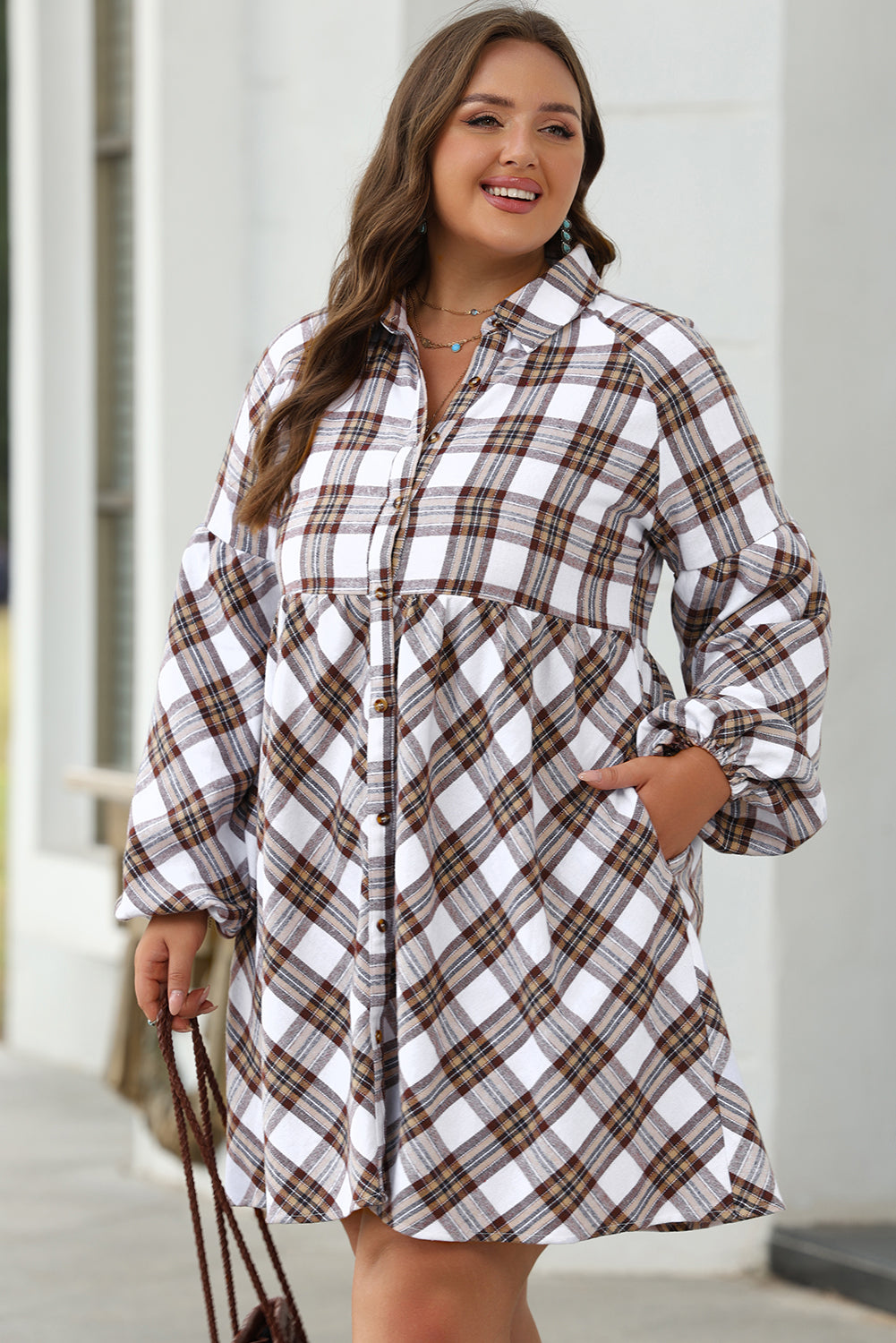 White Plaid Bubble Sleeve Flowy Shirt Dress