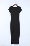 Cap Sleeves Ribbed Knit Long Dress with Split