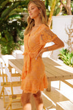 Orange Flutter Sleeve Wrap V Neck Floral Lace Short Dress