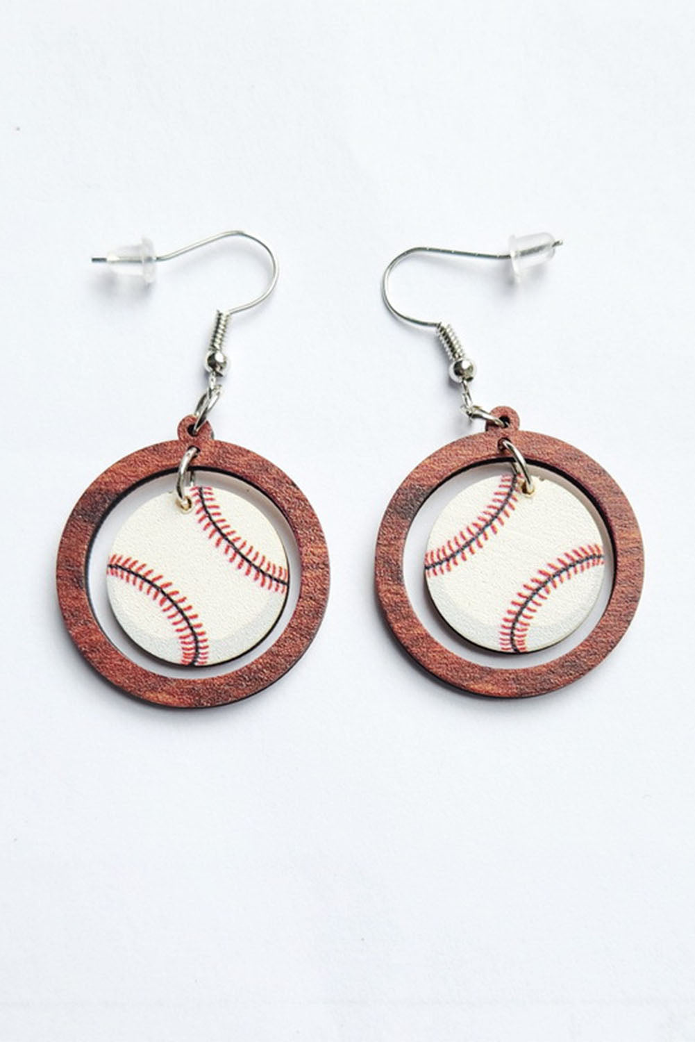 Baseball Pattern Wood Round Drop Earrings