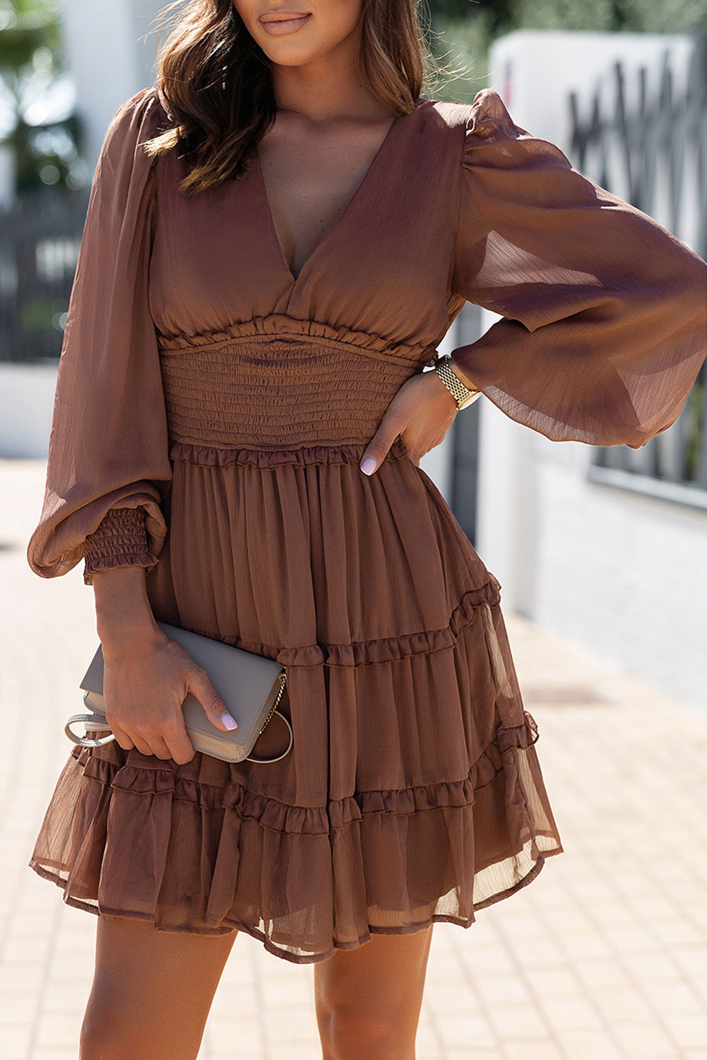 Frill Smocked Detail Sheer Long Sleeve Dress