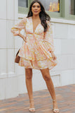 V Neck Long Sleeve Tiered Floral Dress