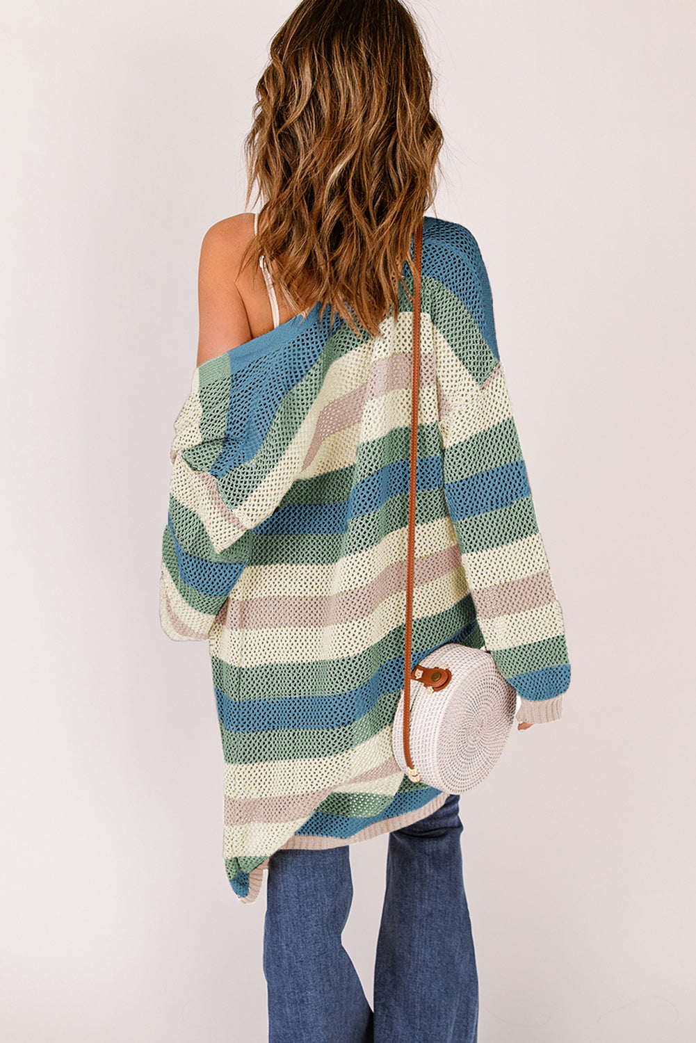 Striped Color Block Hollowed Knit Cardigan