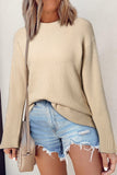 Parchment Solid Textured Knit Split Cuff Drop Shoulder Loose Sweater