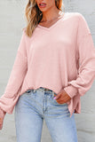 Orchid Petal Waffle V Neck Long Sleeve Drop Shoulder Loose Blouse