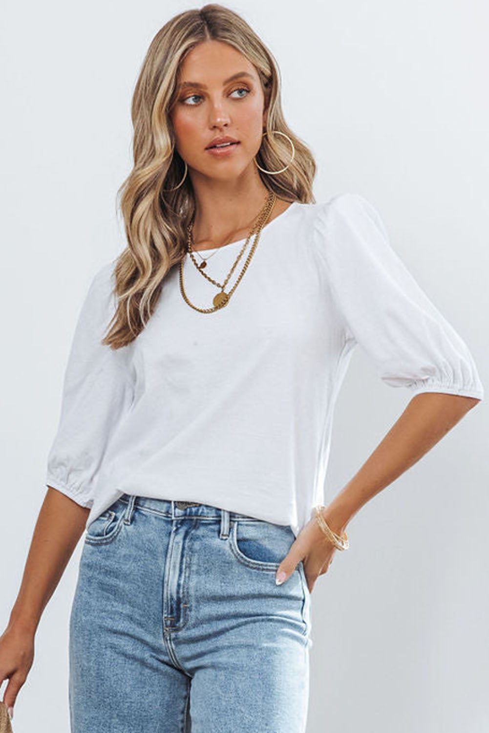 Puff Sleeve Top with Keyhole Back