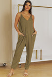 Textured Sleeveless V-Neck Pocketed Casual Jumpsuit