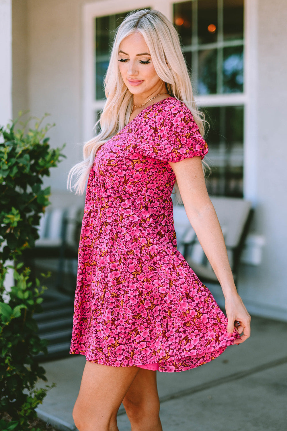 Floral Print Tiered Flutter Sleeve V Neck Top