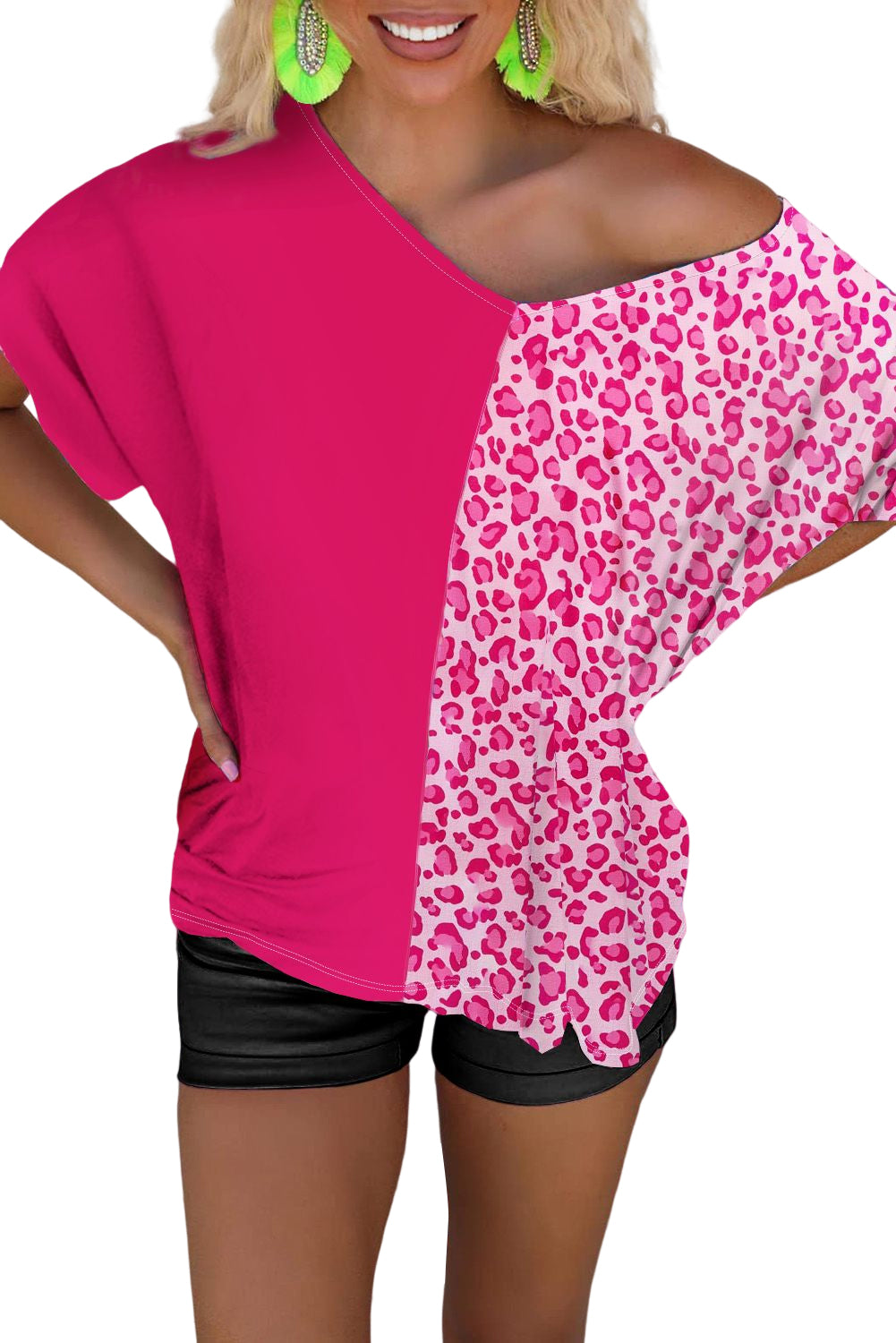 Half Leopard Patchwork Short Sleeve V Neck Blouse