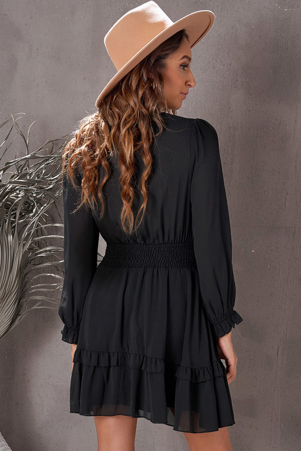 Deep V Neck Lantern Sleeve Knotted Tiered Mini Dress