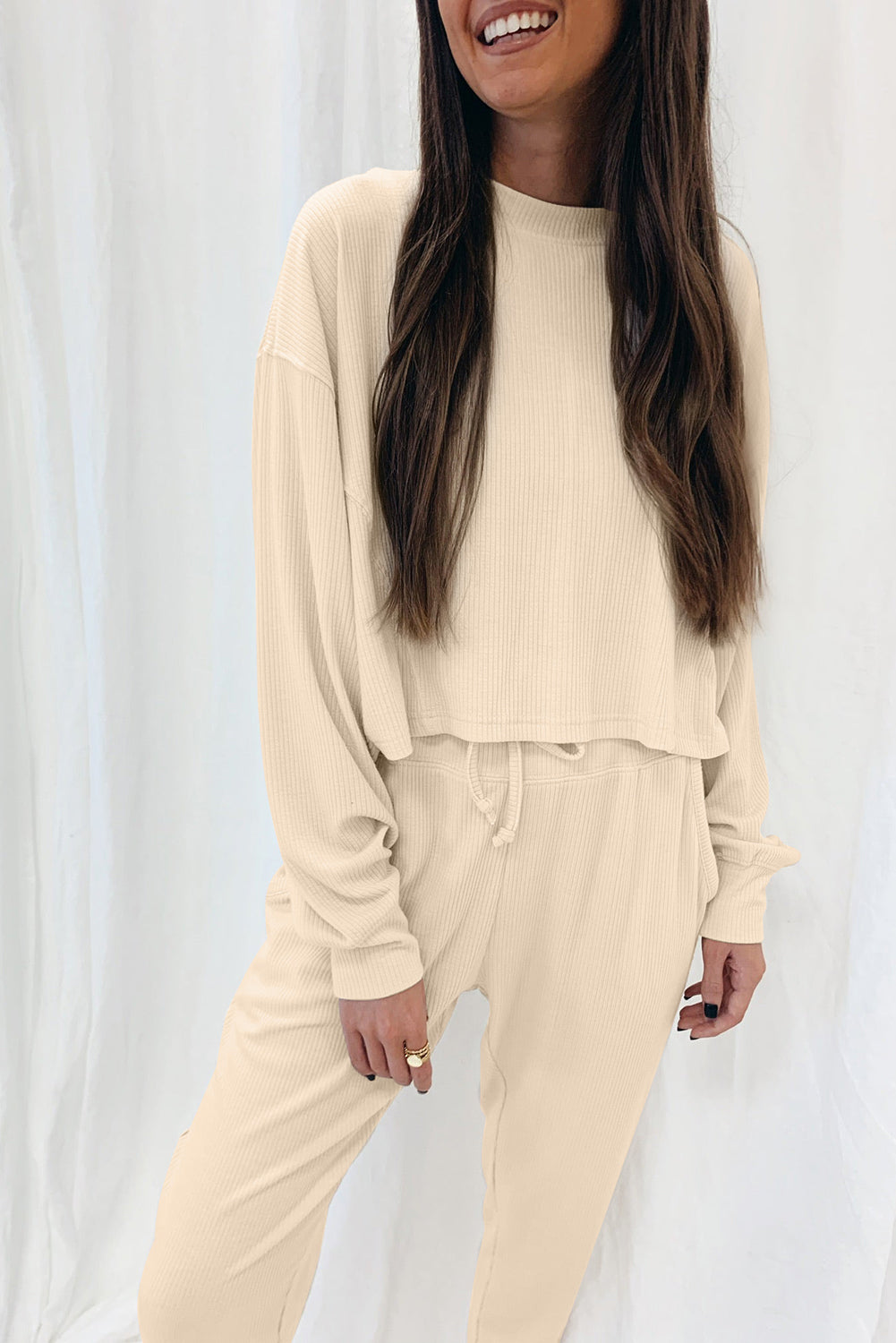 Ribbed Long Sleeve Drawstring Pants Set