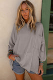 Dark Gray Ribbed Roll-tab Sleeve Chest Pocket Oversize Top