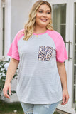 Leopard Patch Pocket Plus Size Raglan Sleeve Tee