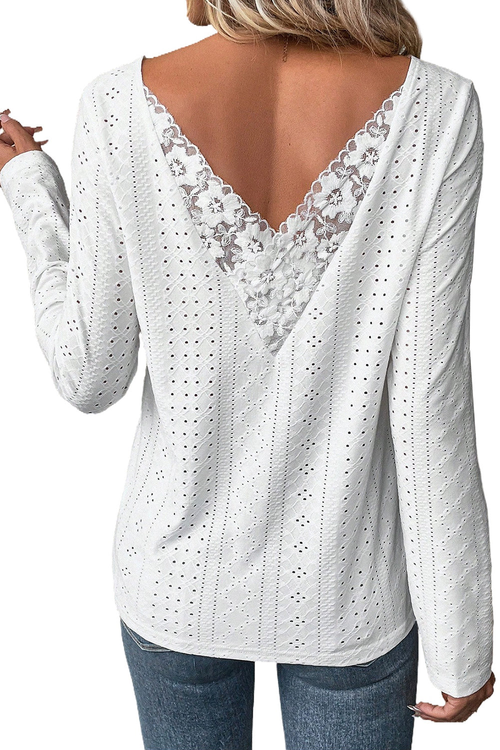 White Floral Lace Splicing Eyelet Long Sleeve Top