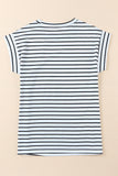 Striped Rolled Cap Sleeve Round Neck T Shirt