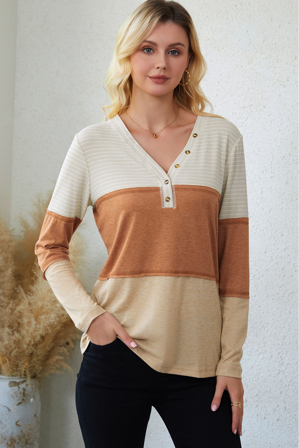 Striped Color Block Henley Top