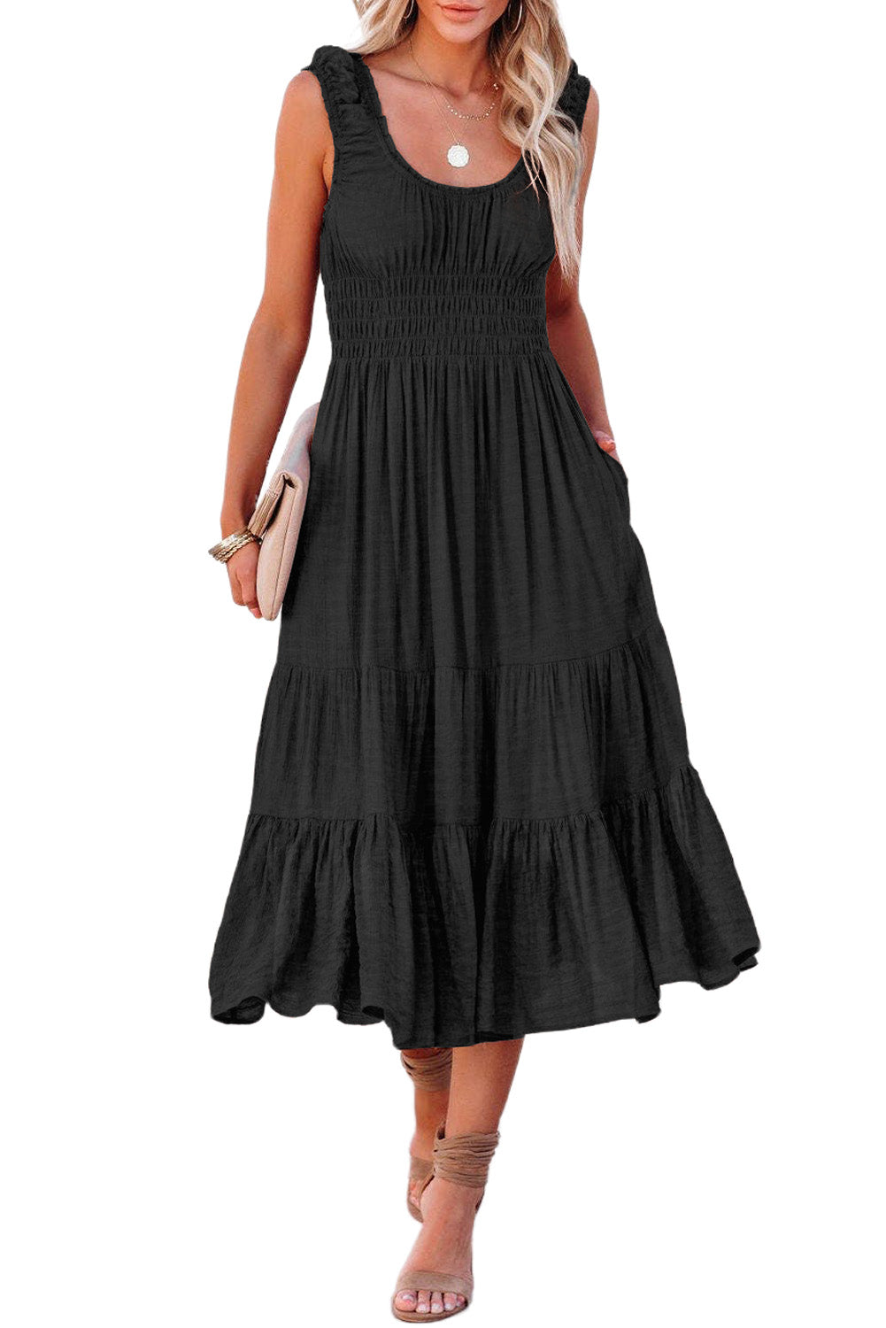 U-Neck Sleeveless Ruched Tiered Ruffled Midi Dress