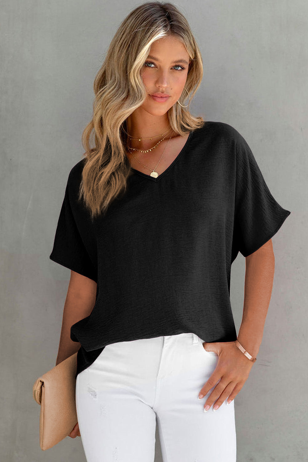 Solid V Neck Short Sleeve Blouse