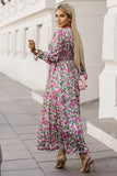 Robe longue à imprimé floral et col en V profond froncé à la taille cintrée vert