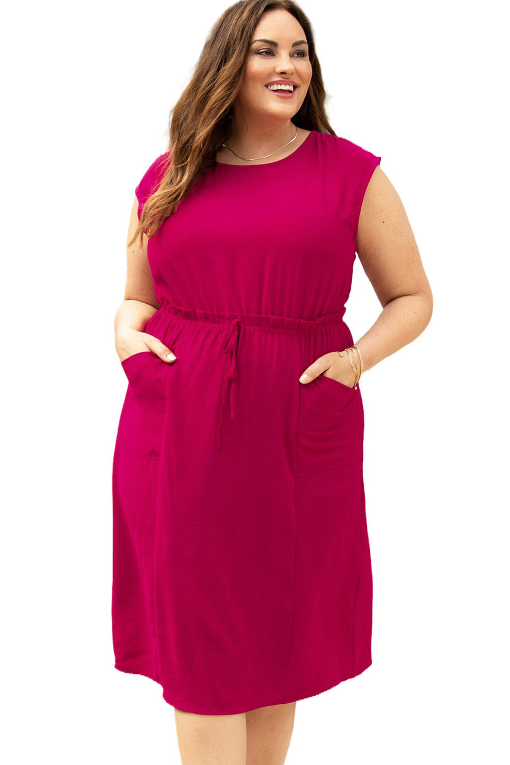 Robe midi rose à volants et cordon de serrage taille haute sans manches grande taille