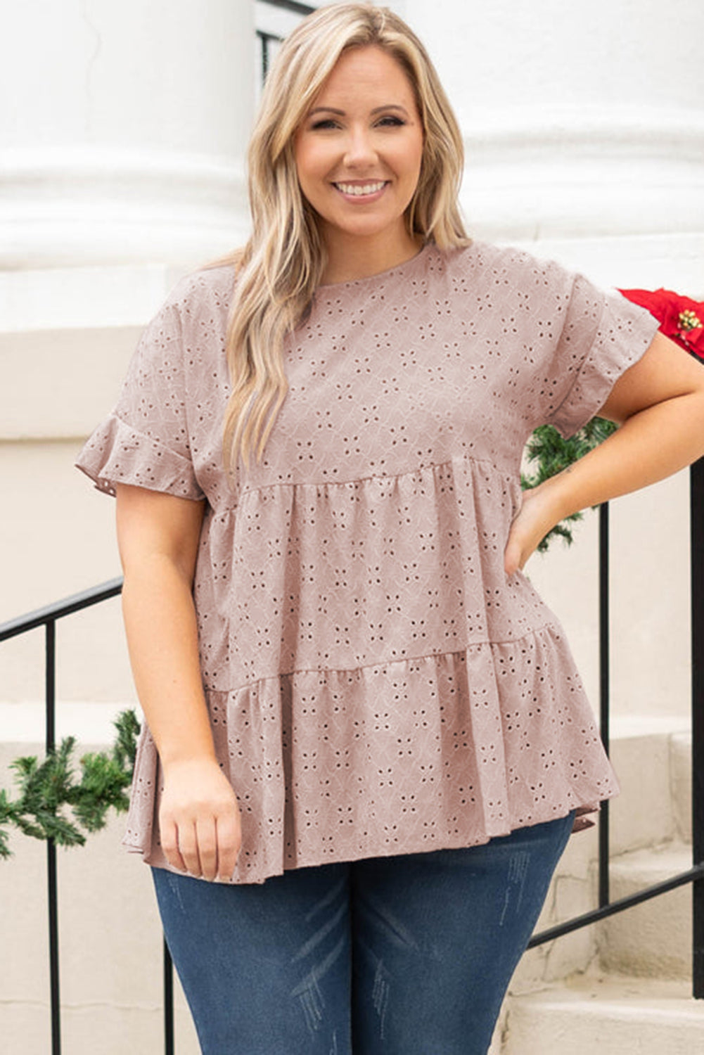 Pink Plus Size Eyelet Pattern Ruffle Sleeve Babydoll Top