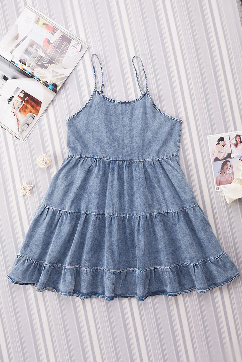 Sky Adjustable Straps Tiered Ruffle Denim Dress