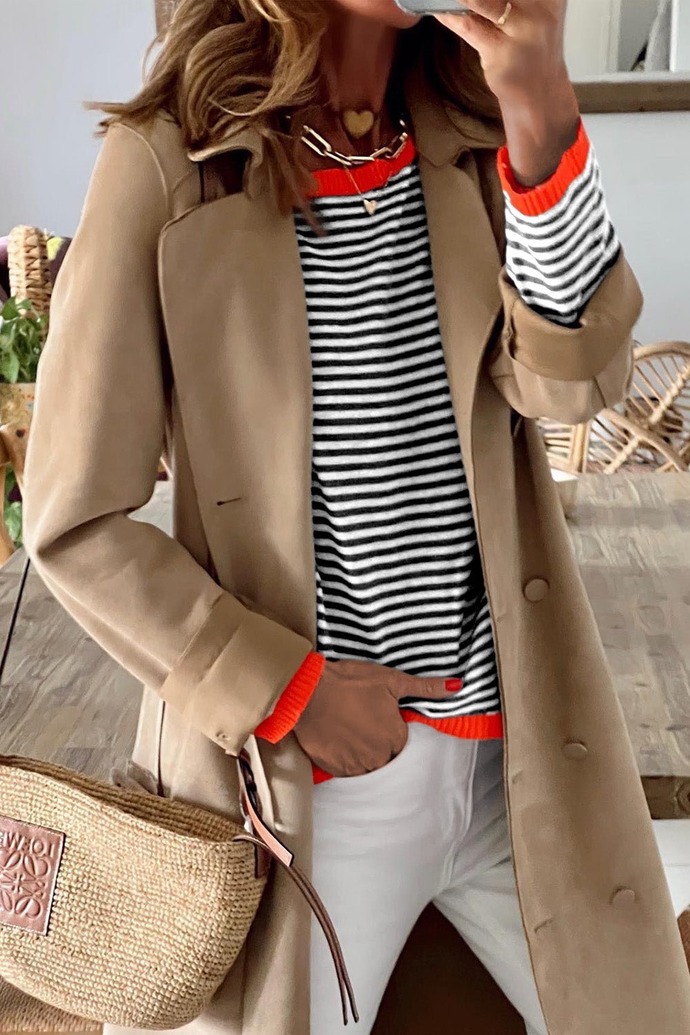 Contrast Trimmed Striped Drop Shoulder Sweater