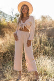 Puff Sleeve Knotted Crop Top and Cropped Pants Set