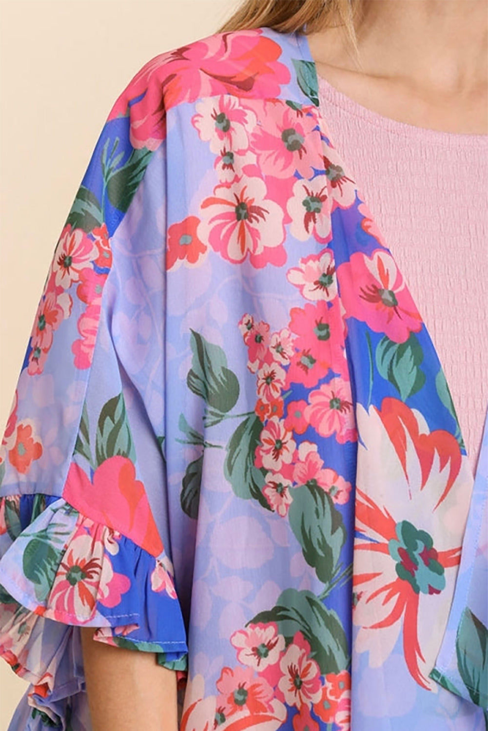 Floral Print Ruffled 3/4 Sleeve Loose Fit Kimono