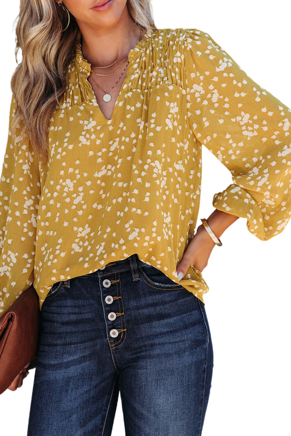 Blouse froissée imprimée jaune à col fendu d'automne