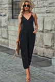 Textured Sleeveless V-Neck Pocketed Casual Jumpsuit