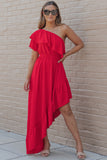 One Shoulder Ruffle High Low Maxi Dress