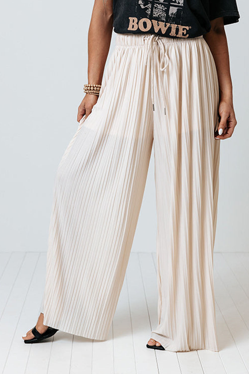 Drawstring Wide Leg Pleated Pants