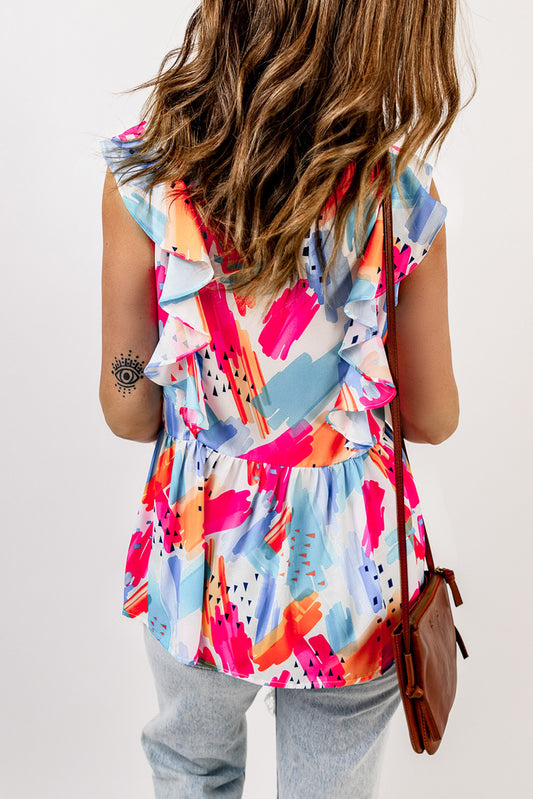 Abstract Print V Neck Ruffled Tank