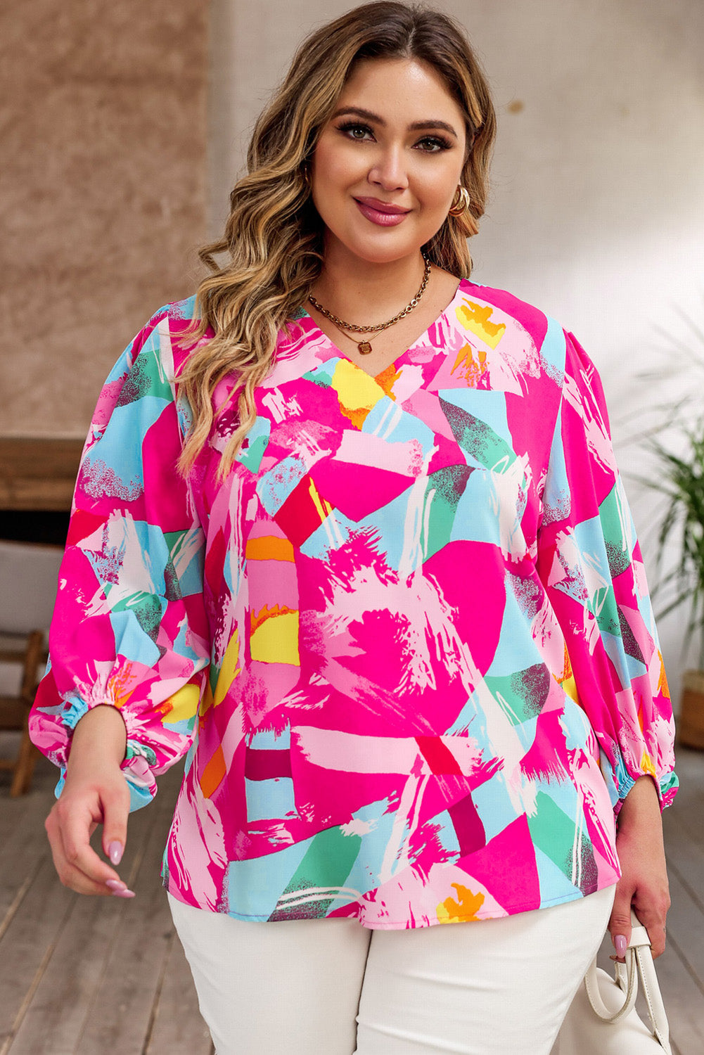 Plus Size Graffiti Print Split Neck Puff Sleeve Blouse