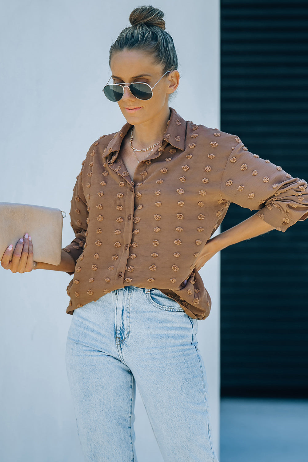 Long Sleeve Button Fuzzy Polka Dot Shirt