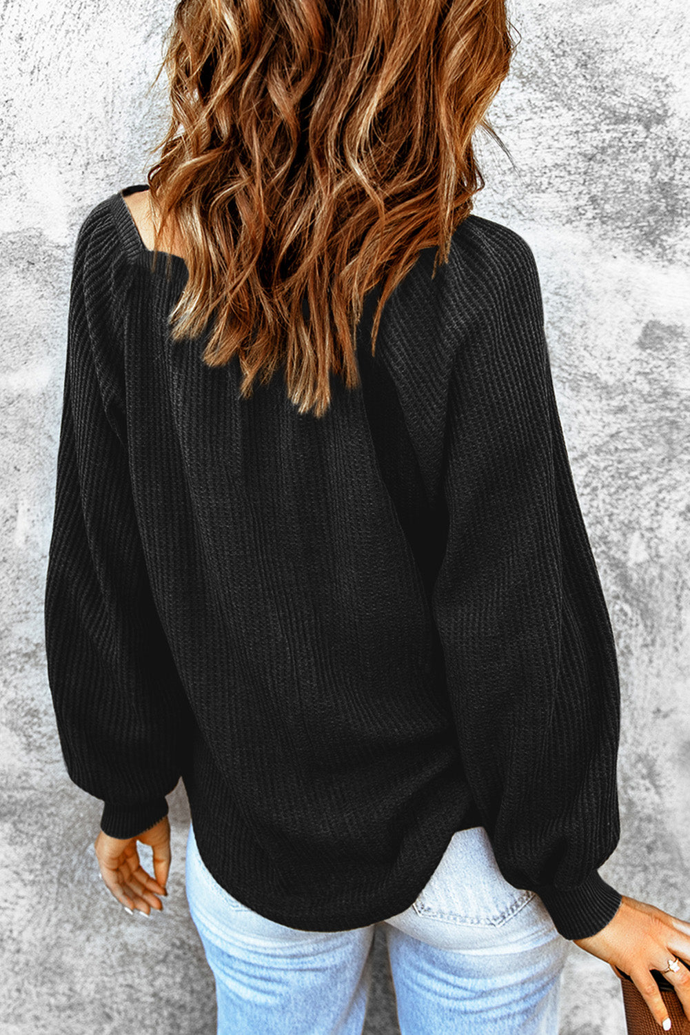 Square Neck Puff Sleeve Waffle Knit Top