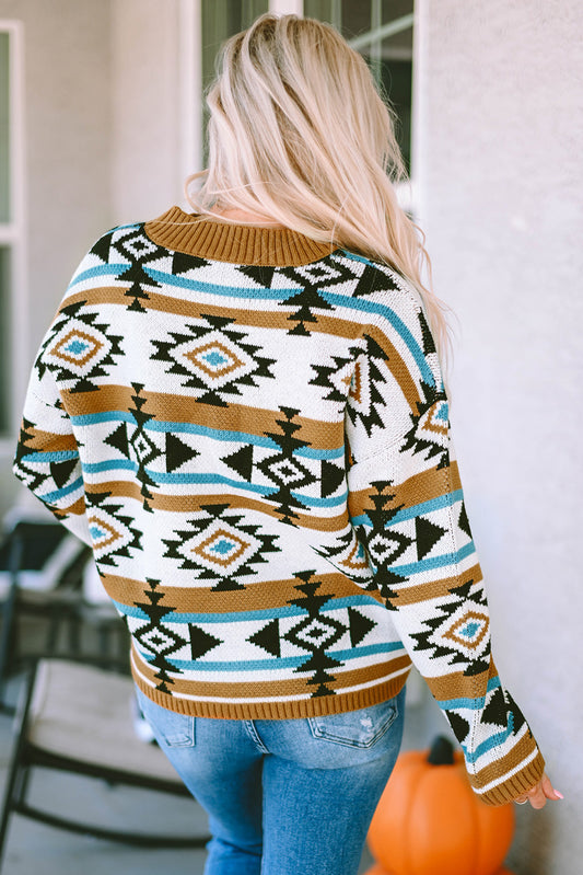 Brown Aztec Striped Knit Ribbed Trim Sweater