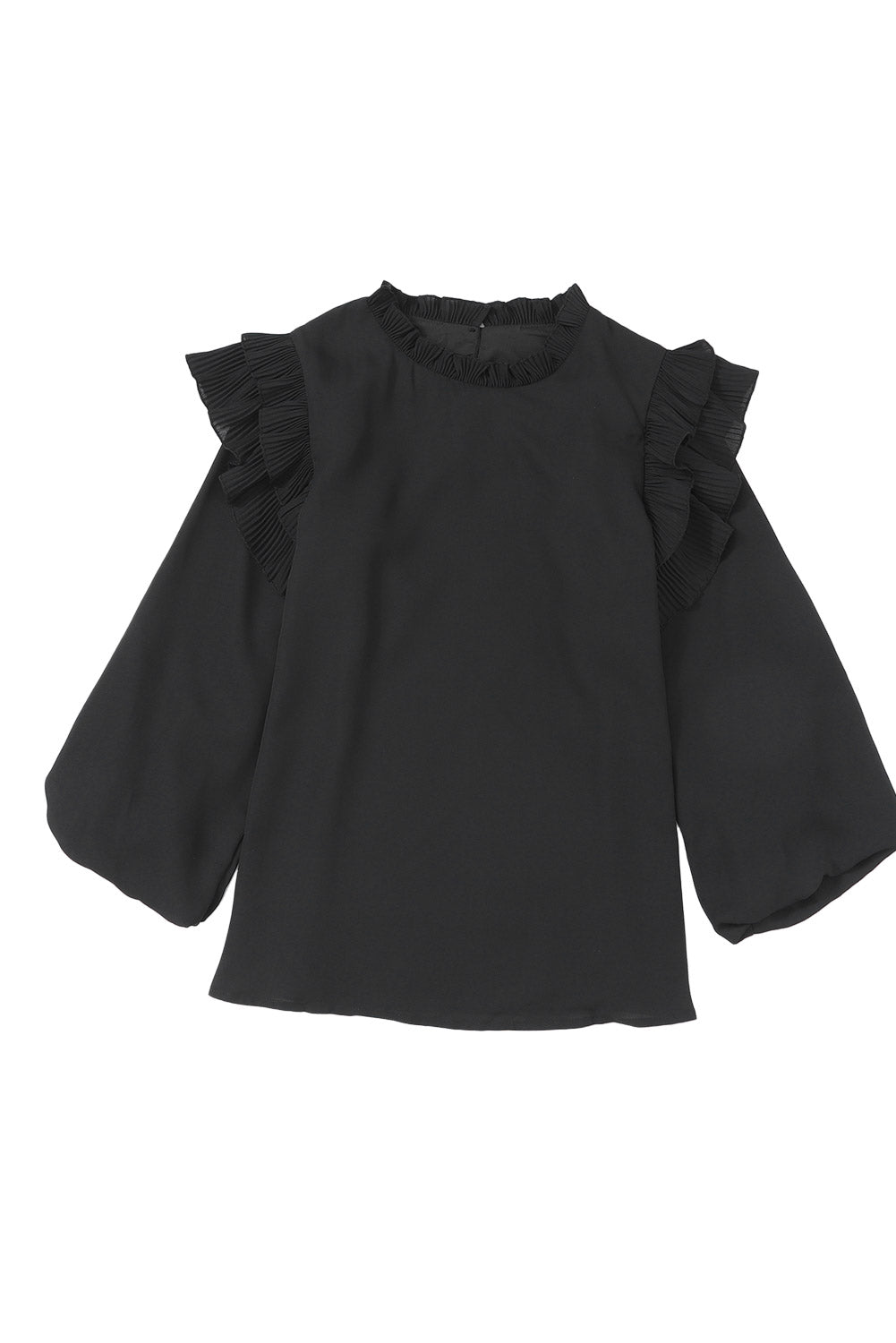 Button Keyhole Back Pleated Ruffle Trim Blouse